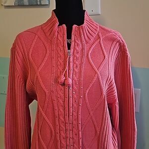 Coral colored embellished zipper front cardigan sweater size 1X